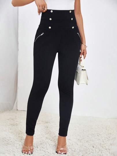Firerie High Waist Button Detail Black Skinny  Pants