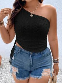SHEIN Clasi 大碼網眼刺繡單肩側抽繩短款上衣 - 黑色 - 查看 4