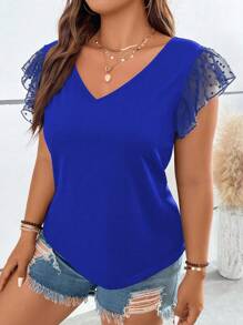 SHEIN Clasi Hơn Lưới tương phản áo tay bướm Áo thun - Xanh đậm - Xem 3