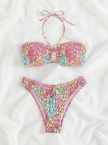 Swim Mod 印花打褶掛脖比基尼泳裝 - 粉色 - 查看 1