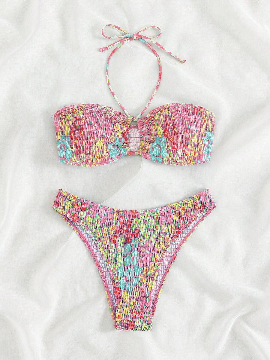 Swim Mod 印花打褶掛脖比基尼泳裝 - 粉色 - 查看 1