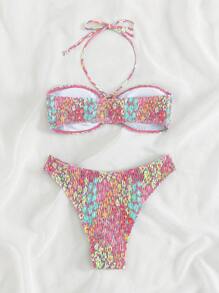 Swim Mod 印花打褶掛脖比基尼泳裝 - 粉色 - 查看 2