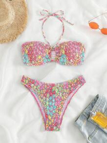 Swim Mod 印花打褶掛脖比基尼泳裝 - 粉色 - 查看 3