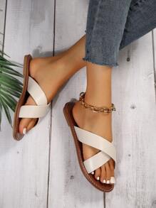 夏季新款女士平底系带凉鞋，欧美时尚，露趾，休闲沙滩拖鞋 - 米色 - 查看 2