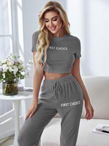 Đồ họa Chữ cái Áo phông Crop & Tie Trước Quần Bộ giản dị - Xám - Xem 3