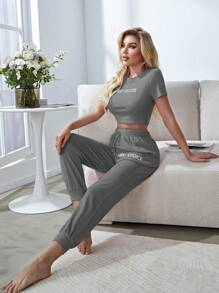 Đồ họa Chữ cái Áo phông Crop & Tie Trước Quần Bộ giản dị - Xám - Xem 4