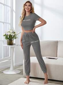 Đồ họa Chữ cái Áo phông Crop & Tie Trước Quần Bộ giản dị - Xám - Xem 6