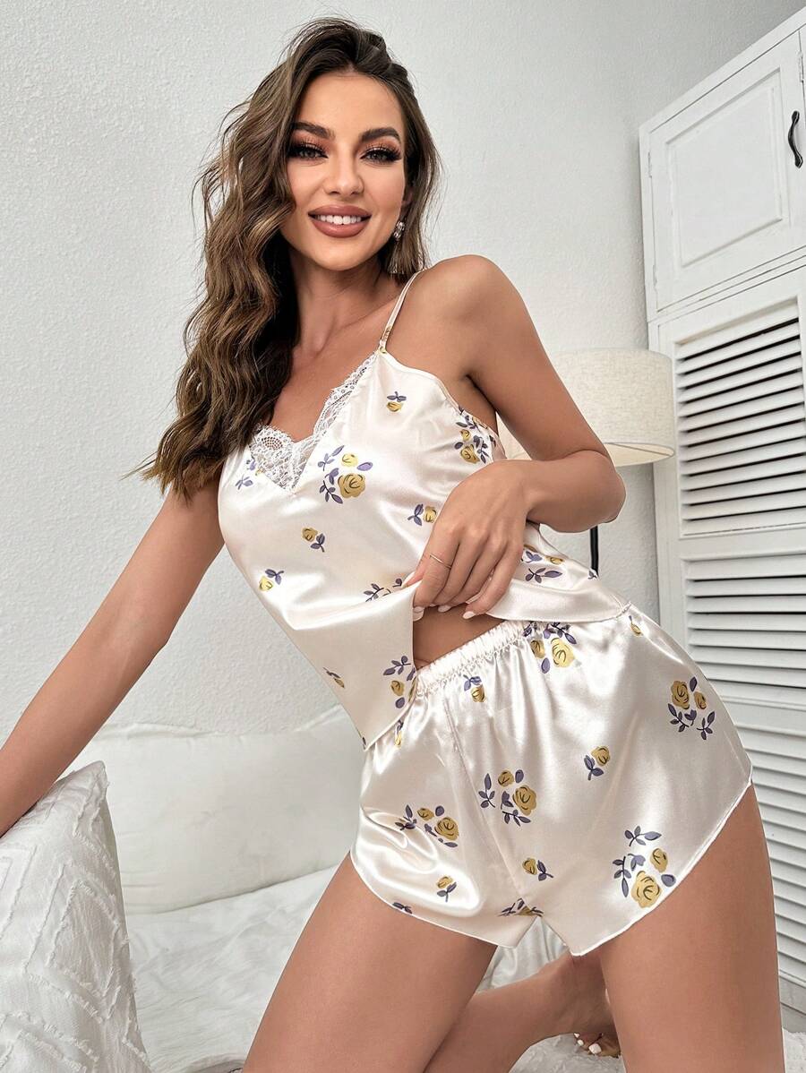 印花緞面吊帶背心和短褲睡衣套裝 - 杏色 - 查看 1