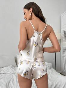 印花緞面吊帶背心和短褲睡衣套裝 - 杏色 - 查看 2