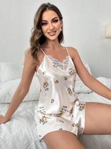 印花緞面吊帶背心和短褲睡衣套裝 - 杏色 - 查看 6