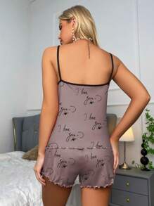 愛心和字母圖案撞色滾邊木耳邊睡衣套裝 - 棕色 - 查看 2