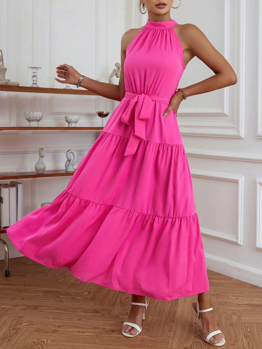 SHEIN Frenchy Chất rắn Xù Hoa Sen Thắt lưng Váy dây - Màu Hồng Tươi - Xem 1