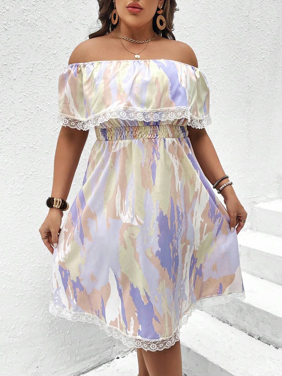 Celure Plus Brush Print Off Shoulder Contrast Lace Dress