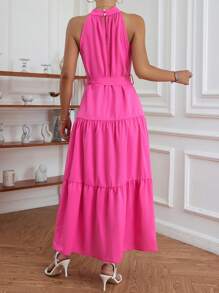 SHEIN Frenchy Chất rắn Xù Hoa Sen Thắt lưng Váy dây - Màu Hồng Tươi - Xem 2