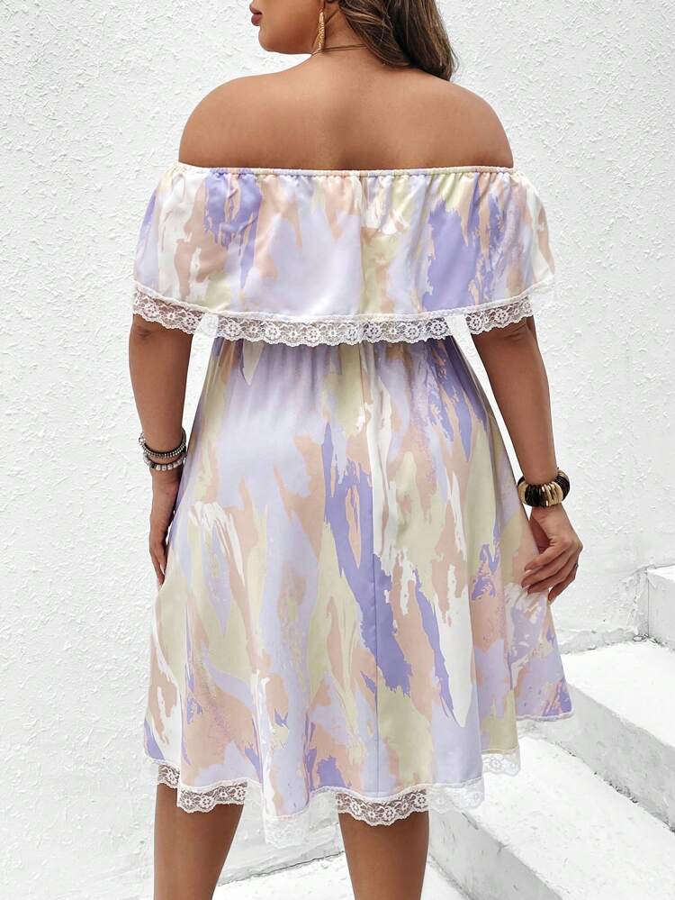 Plus Brush Print Off Shoulder Contrast Lace Dress