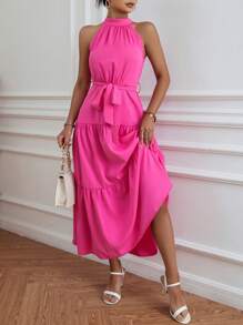 SHEIN Frenchy Chất rắn Xù Hoa Sen Thắt lưng Váy dây - Màu Hồng Tươi - Xem 3