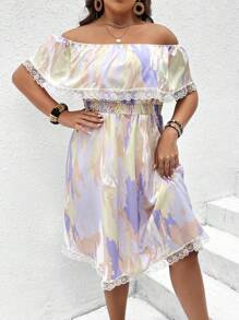 Celure Plus Brush Print Off Shoulder Contrast Lace Dress