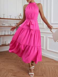 SHEIN Frenchy Chất rắn Xù Hoa Sen Thắt lưng Váy dây - Màu Hồng Tươi - Xem 5