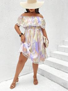 Celure Plus Brush Print Off Shoulder Contrast Lace Dress