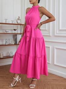 SHEIN Frenchy Chất rắn Xù Hoa Sen Thắt lưng Váy dây - Màu Hồng Tươi - Xem 6