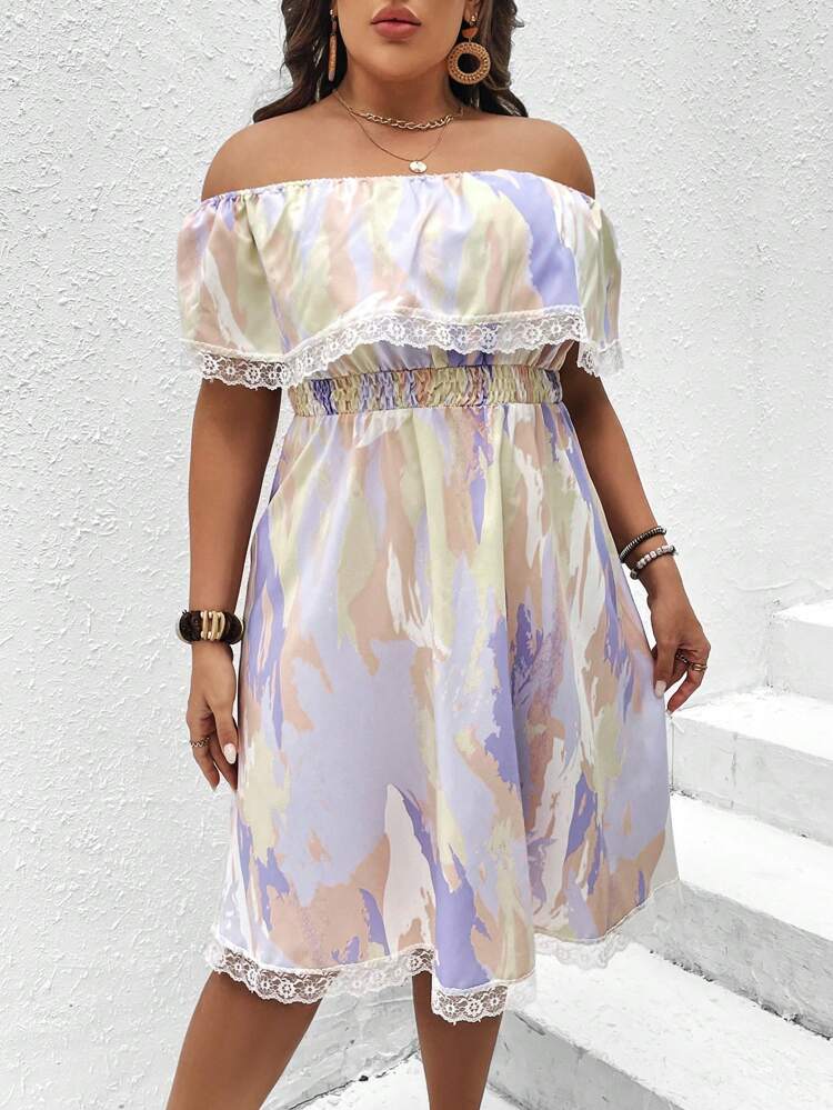 Plus Brush Print Off Shoulder Contrast Lace Dress