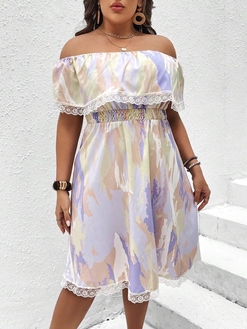 Plus Brush Print Off Shoulder Contrast Lace Dress