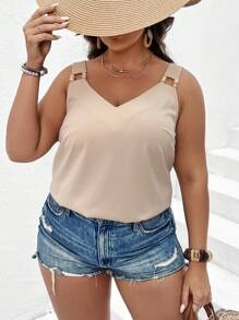 SHEIN LUNE 大碼O形環細節寬肩帶上衣 - 杏色 - 查看 2