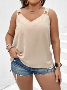 SHEIN LUNE 大碼O形環細節寬肩帶上衣 - 杏色 - 查看 5