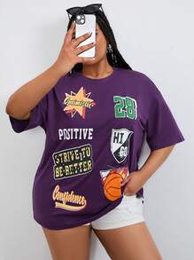 SHEIN Coolane Grafisk Brev Enkel Plus Size T-shirt - Violet - Visa 1