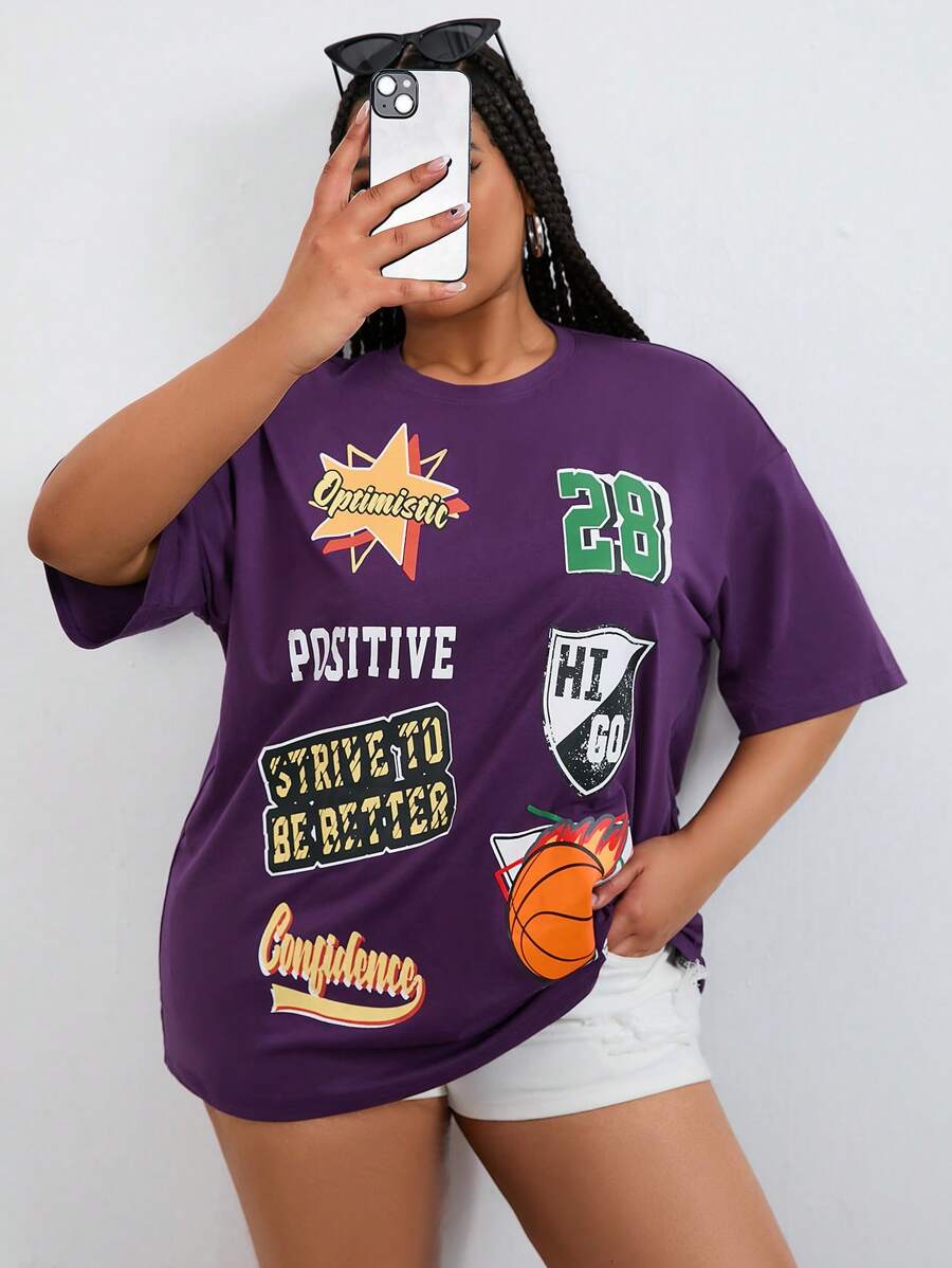 SHEIN Coolane Grafisk Brev Enkel Plus Size T-shirt - Violet - Visa 1