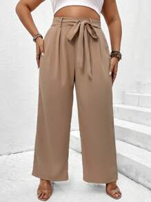 SHEIN LUNE 大碼腰帶直筒褲 - 杏色 - 查看 4
