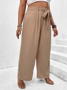 SHEIN LUNE 大碼腰帶直筒褲 - 杏色 - 查看 5