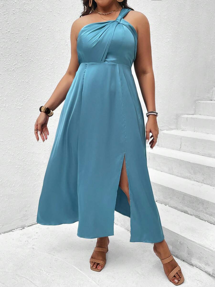 SHEIN Clasi Hơn Một bờ vai Tách đùi Đầm - Màu xanh ngọc - Xem 1