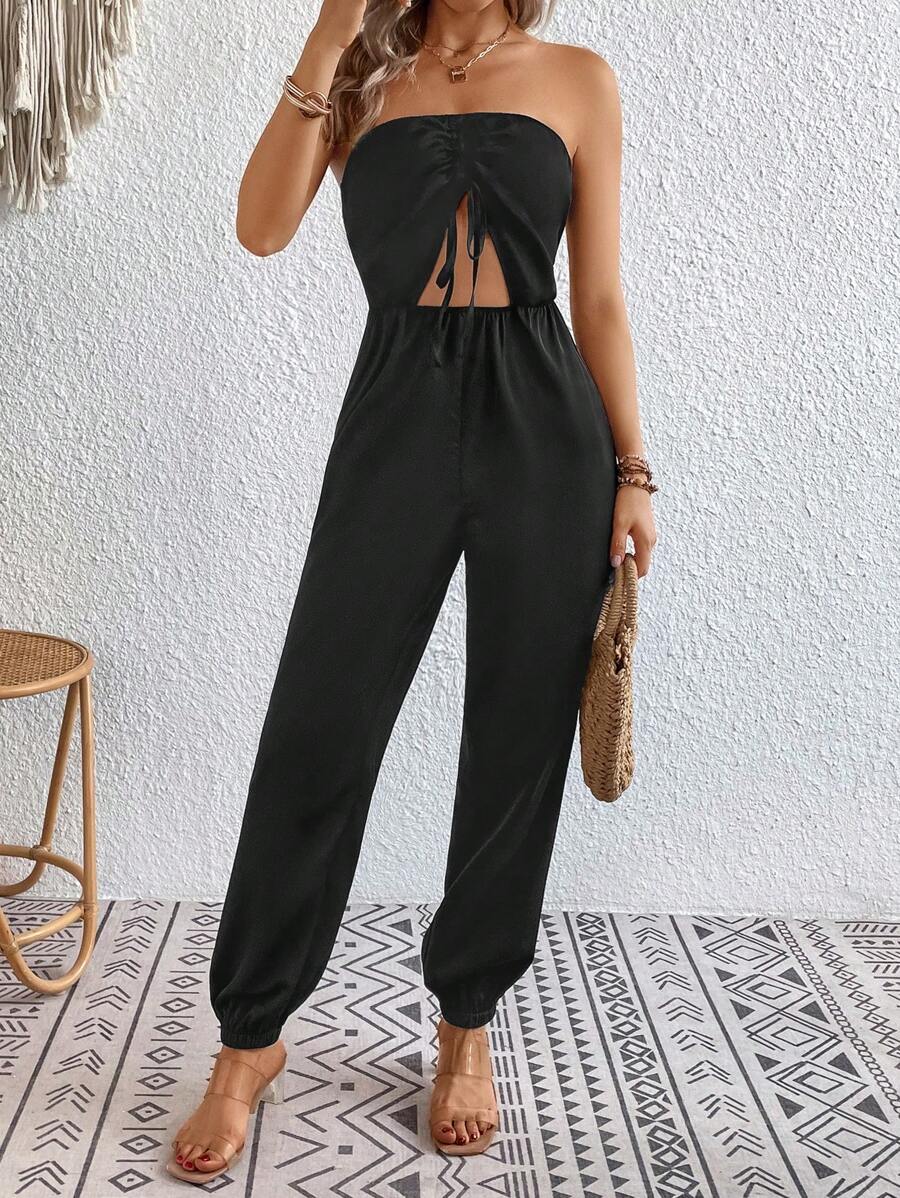 SHEIN Unity Mặt trước dây rút Cắt ra Jumpsuit ống - màu đen - Xem 1