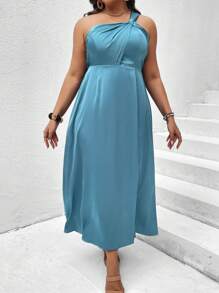 SHEIN Clasi Plus One Shoulder Split Thigh Dress - Teal Blue - View 3