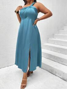 SHEIN Clasi Plus One Shoulder Split Thigh Dress - Teal Blue - View 4