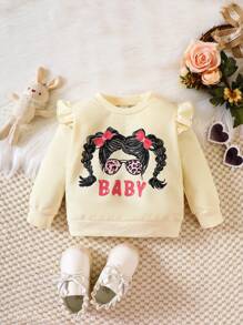 Baby Girl Letter & Figure Graphic Ruffle Trim Sweatshirt - Apricot - View 1