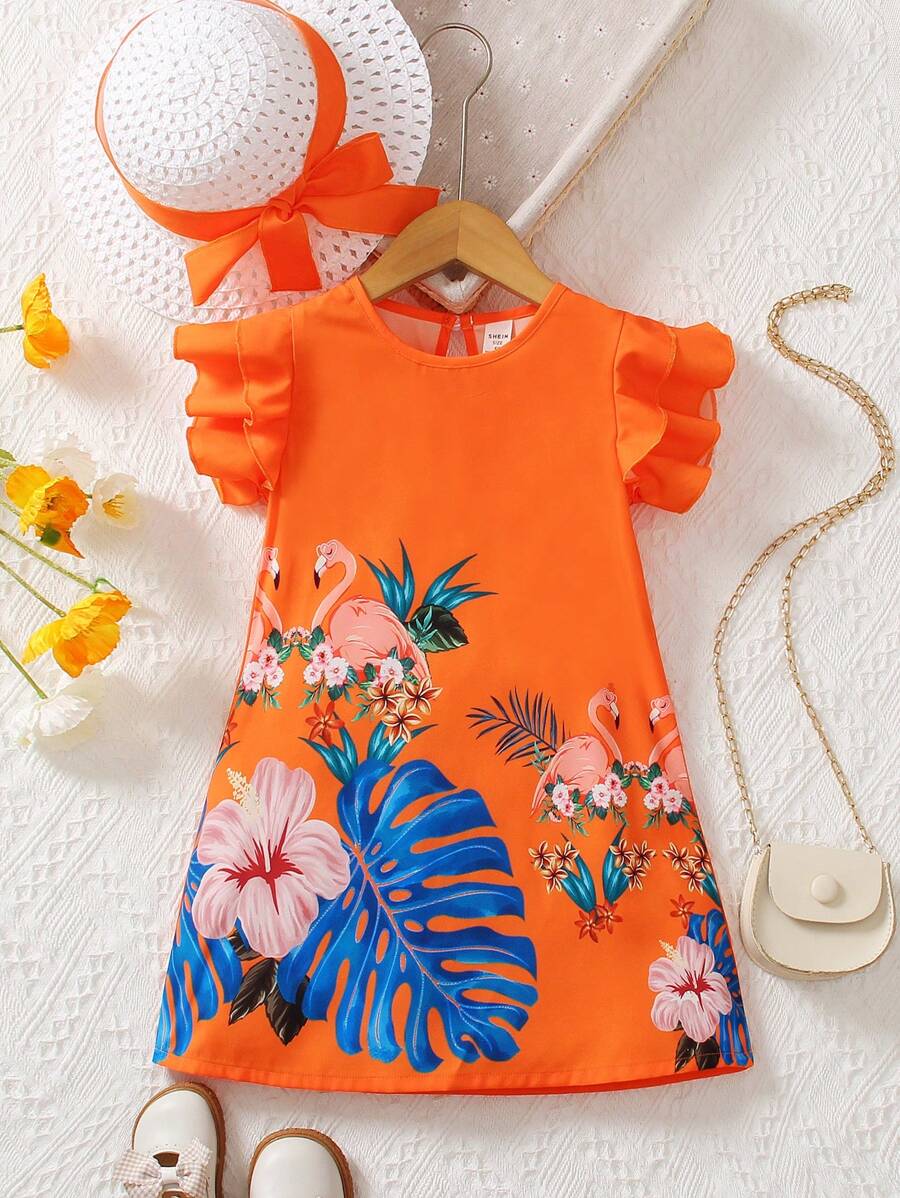 SHEIN 女小童熱帶圖案荷葉邊連衣裙附帽子