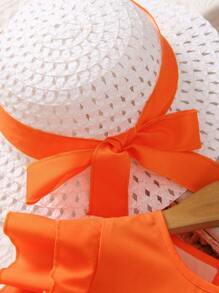 SHEIN 女小童熱帶圖案荷葉邊連衣裙附帽子