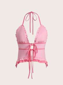 SHEIN Unity Frill Trim Tie Front Halter Top - Pink - View 1