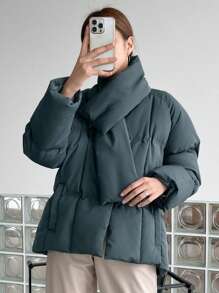 DAZY 纯色纽扣前衬垫厚口袋外套，女式冬季外套夹克 - 墨綠色 - 查看 6