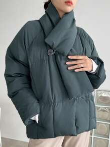 DAZY 纯色纽扣前衬垫厚口袋外套，女式冬季外套夹克 - 墨綠色 - 查看 14