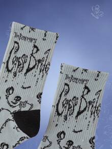 Corpse Bride | ROMWE 1雙女士字母骷髏圖案中筒襪 - 霧霾藍 - 查看 3