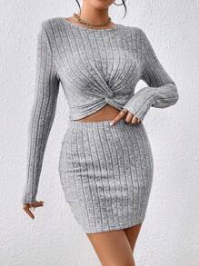 SHEIN Essnce Twist Front Crop Tee & Bodycon Skirt - Grey - View 3