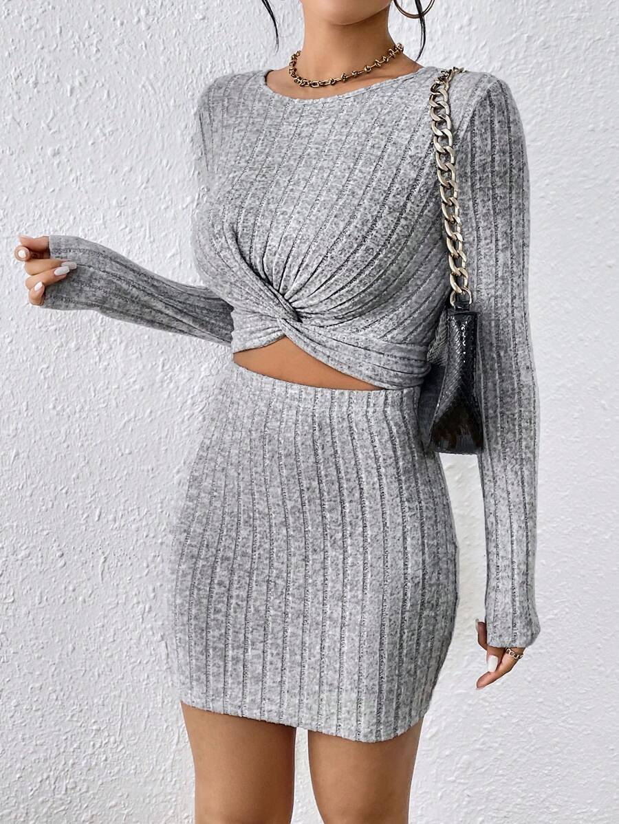 SHEIN Essnce Twist Front Crop Tee & Bodycon Skirt - Grey - View 1