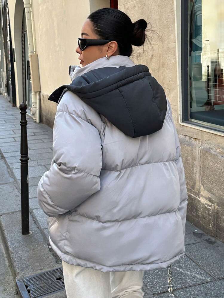 Zip Up Snap Button Drawstring Hooded Padded Thick Pockets Coat, Women Winter Coat Jacket