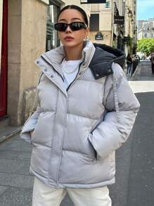 DAZY Áo khoác mùa đông cho nữ, có mũ trùm đầu, nút bấm, dây rút, túi dày, đệm, có mũ trùm đầu - Màu Xám nhạt - Xem 3