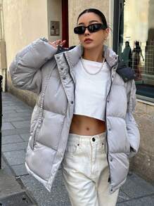 DAZY Áo khoác mùa đông cho nữ, có mũ trùm đầu, nút bấm, dây rút, túi dày, đệm, có mũ trùm đầu - Màu Xám nhạt - Xem 7