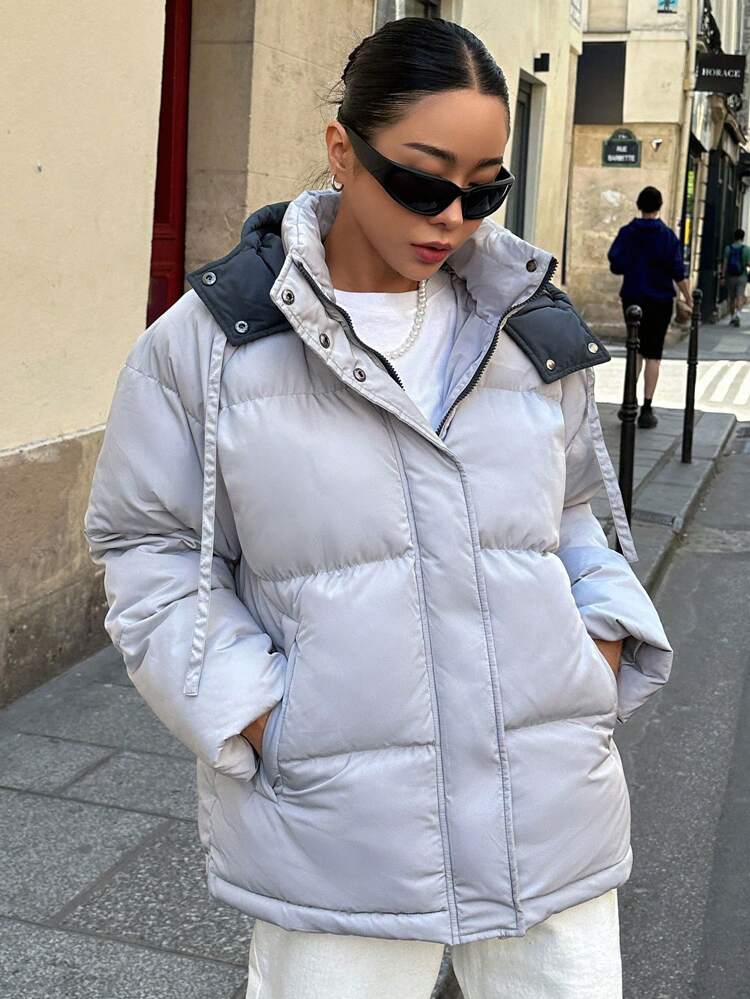 Zip Up Snap Button Drawstring Hooded Padded Thick Pockets Coat, Women Winter Coat Jacket