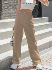 DAZY 高腰寬腿牛仔褲 - 卡其色 - 查看 1